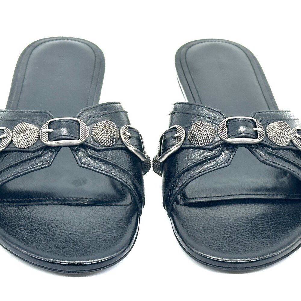 BALENCIAGA Cagole Studded Buckled Arena Leather Flat Slides Mules Sandals - Picture 8 of 16